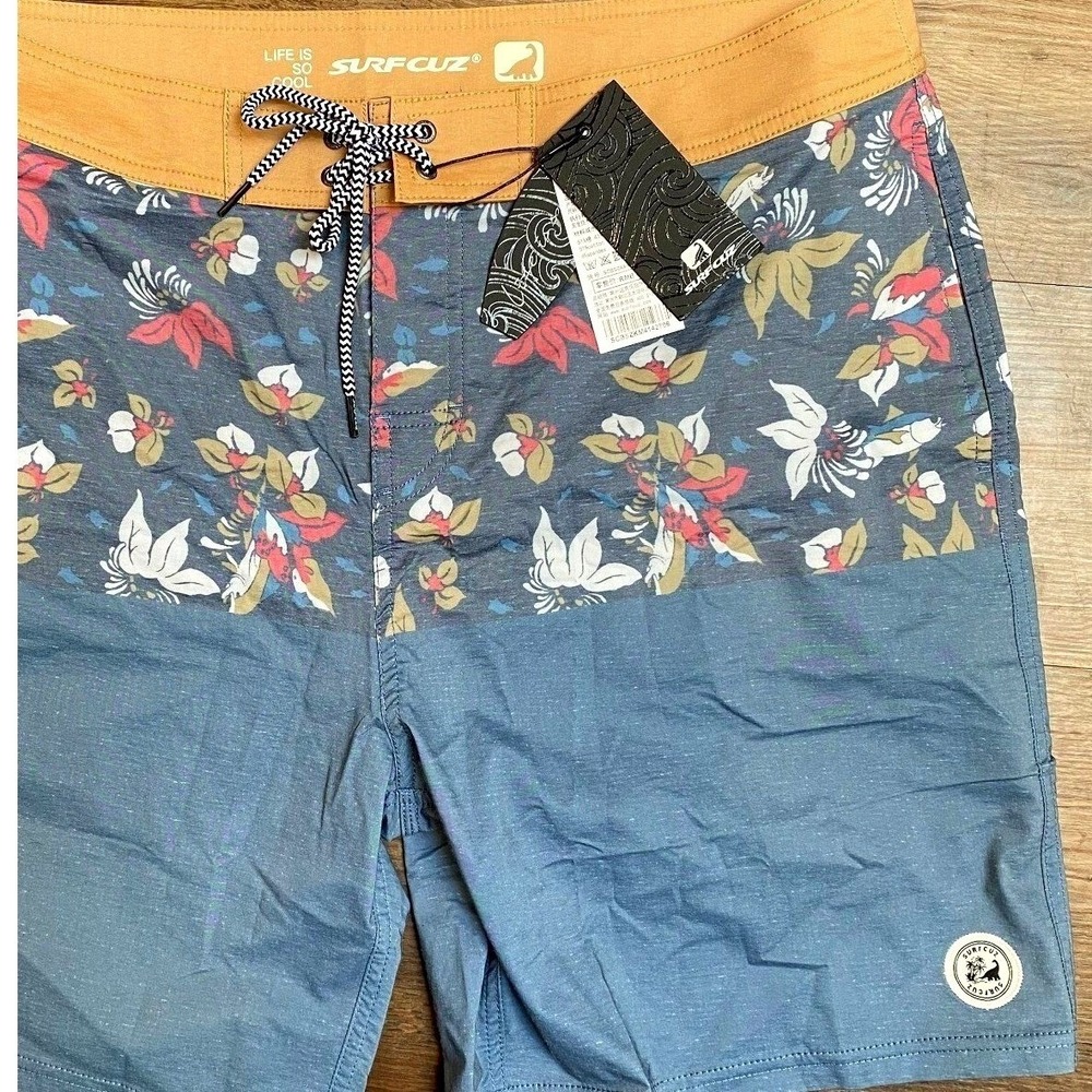 New SurfCuz Board Shorts Men 38 Flowers Hawaiian Blue NWT‎ Hawaii Beach Pocket